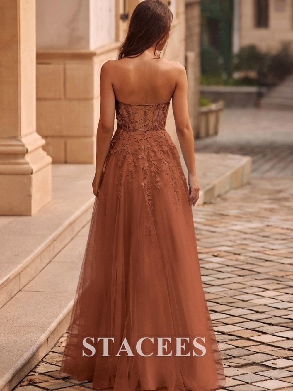 Strapless Sweetheart Lace Applique Evening Gown in Rust Brown - Picture 2 of 7